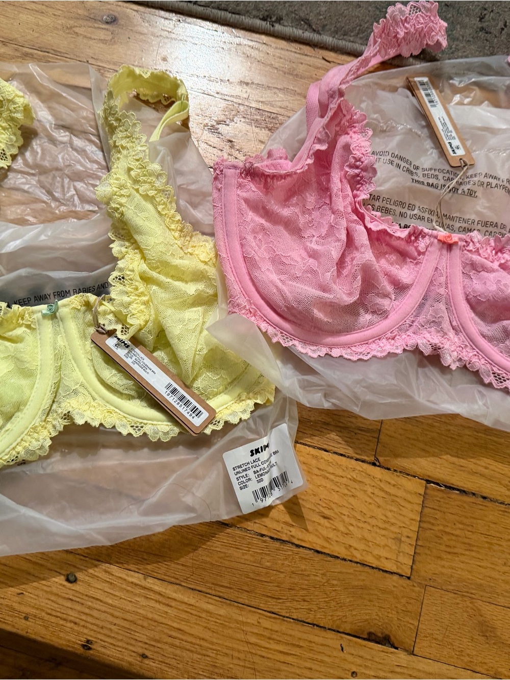 Unlined Lace Underwire Bralette - Pink & Light Yellow NWT SKIMS size 32D
